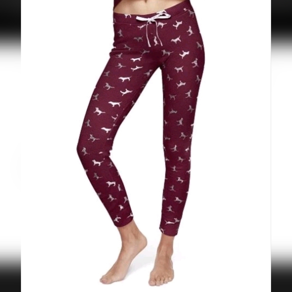 Victoria Secret PINK Burgundy Waffle Knit PJ Pants with Dog Pattern